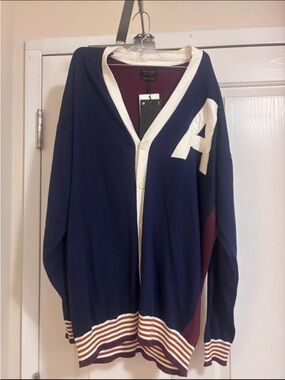 Zara Navy Blue and White Varsity Cardigan with Burgundy Accents